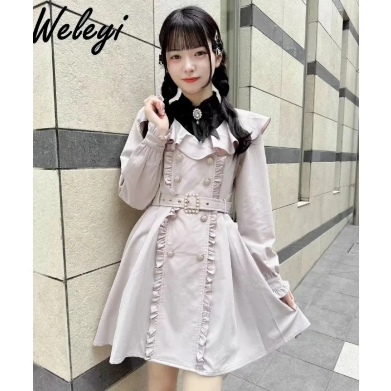 Jirai Kei Sweet Women's Midi Dress 2024 Spring and Summer Long Sleeve Black Colorless Windbreaker Cute Lolita Mine Style Dresses