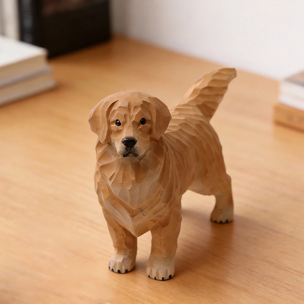 Natural Wood Handmade Dog Figurine Statue Decorative Golden Retriever Sculpture Living Room Desktop Ornament Home Decor Gift