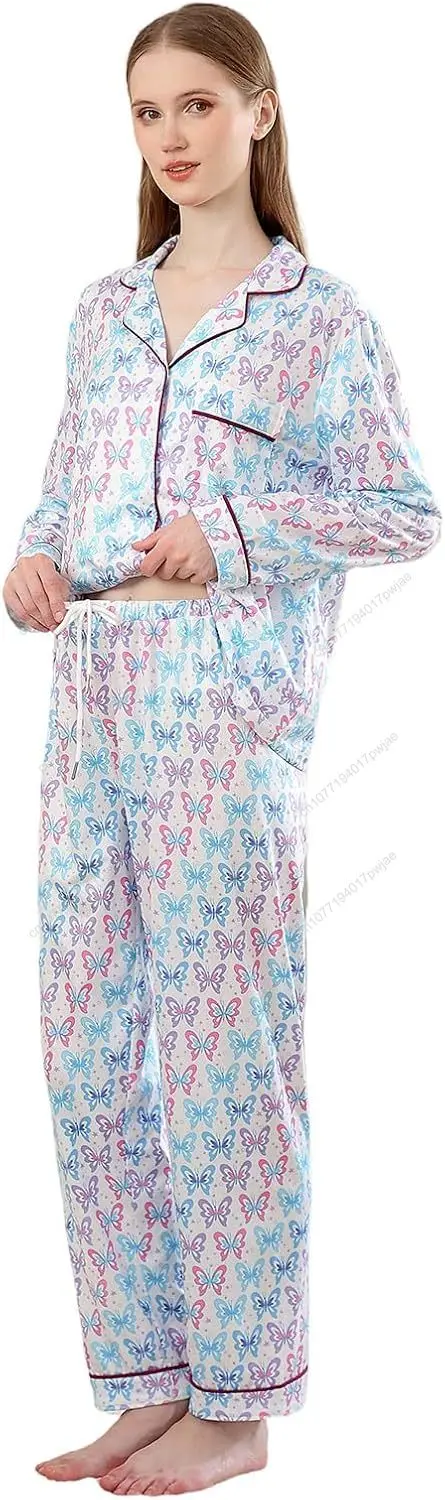 

RONGTAI женский пижамный комплект с принтом бабочки, брюки на пуговицах с длинными рукавами, милая одежда для сна, уютная одежда для дома, пижамы S-XXL