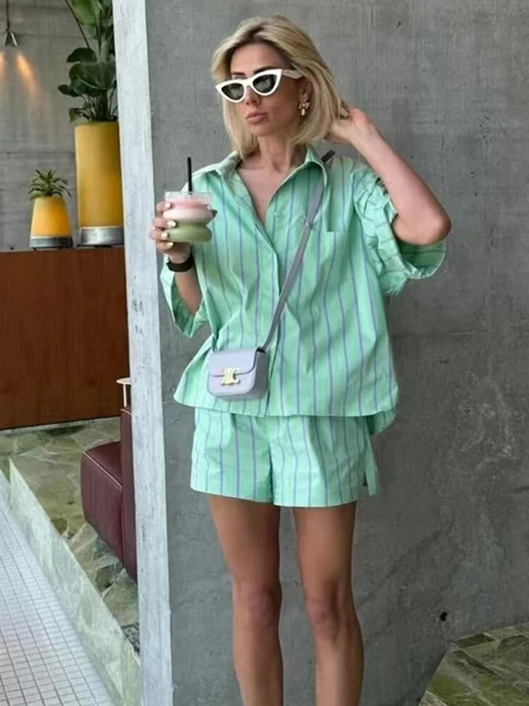 SIYANG  Woman Fashion Suit Green Stripes Turn-Down Collar Single Breasted Shirts+Mid Waist Side Stripe Shrots Female Sets