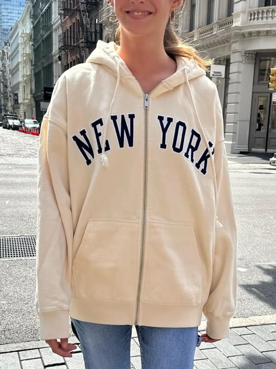 

New York Embroidery Zip-up Hoodie Autumn Cotton Drawstring Hooded Pocket Y2k Sweatshirts Tops Female Streetwear Hoodies Top