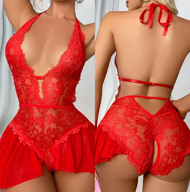 Sexy Crotchless Lingerie Women Lace Hollow Bodysuit Erotic Pajamas Teddy Bodysuit Babydoll Dress Open Bra Porn Underwear Set