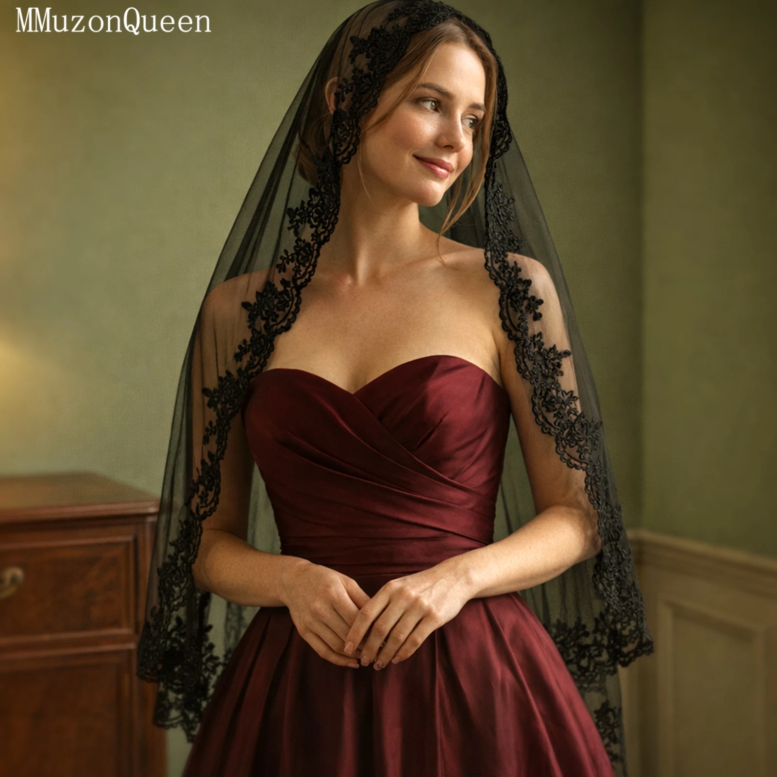 

TOPQUEEN черная вуаль, покрывает лицо спереди и сзади, кружевная фата, не чесаная длина до локтя, аксессуары для Хэллоуина, настраиваемые V65