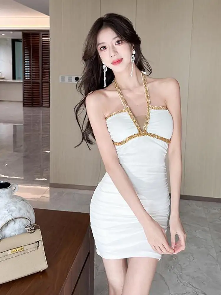 Vintage French Black Patchwork Off Shoulder Sleeveless Party Short Dress Summer Women White Sexy Club Slim Vacation Halter Dress