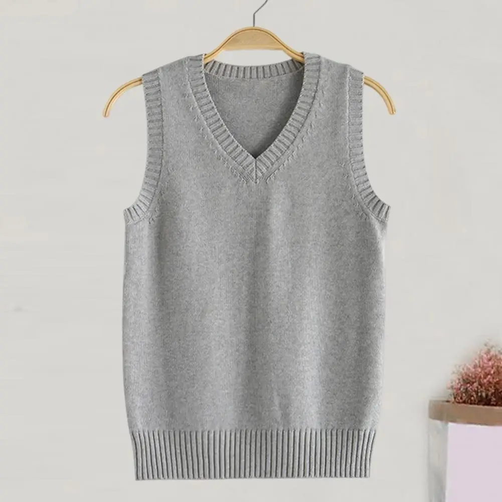 

Women Knitting Vest V-Neck Sleeveless Ribbed Trim Solid Color Vest Tops Autumn Winter Loose Fit Knitwear