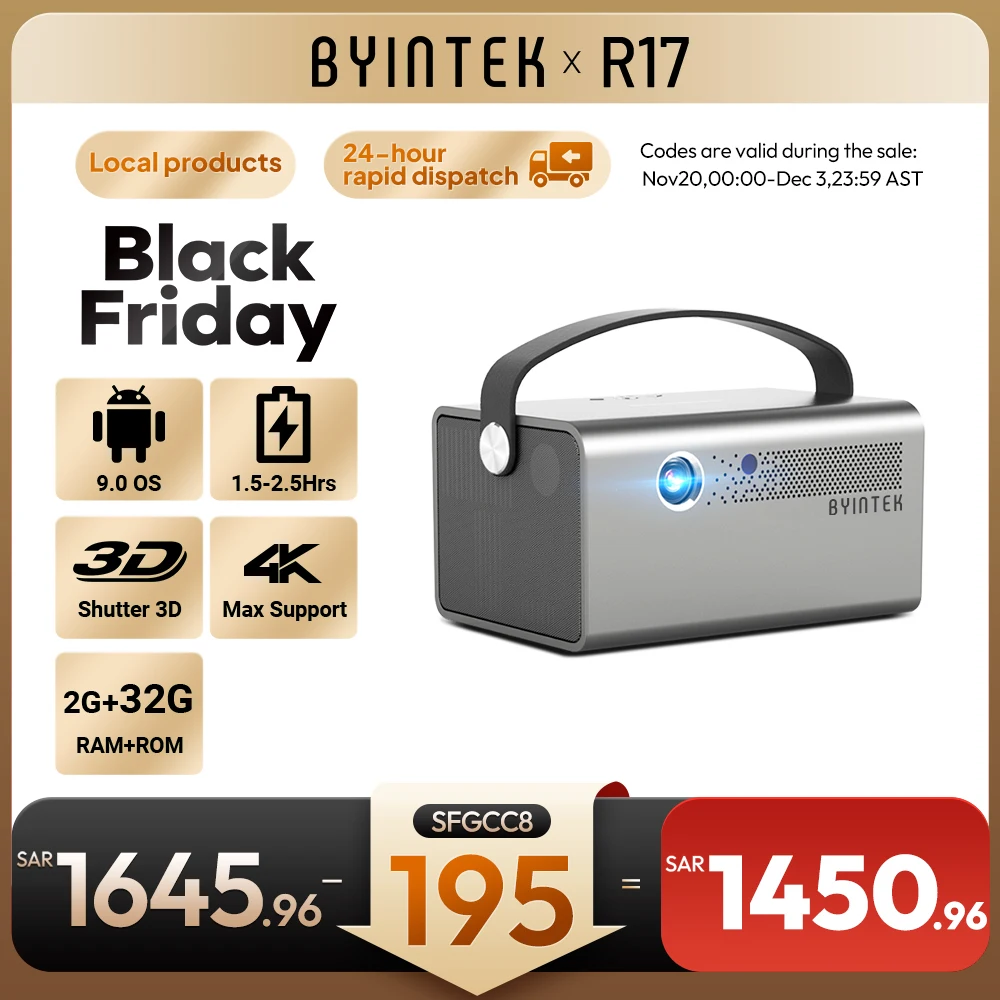 جهاز عرض BYINTEK R17 4K ذكي ثلاثي الأبعاد أندرويد واي فاي جهاز عرض صغير DLP محمول عالي الدقة 1080P 750ANSI لومينز 6D كيستون مع بطارية