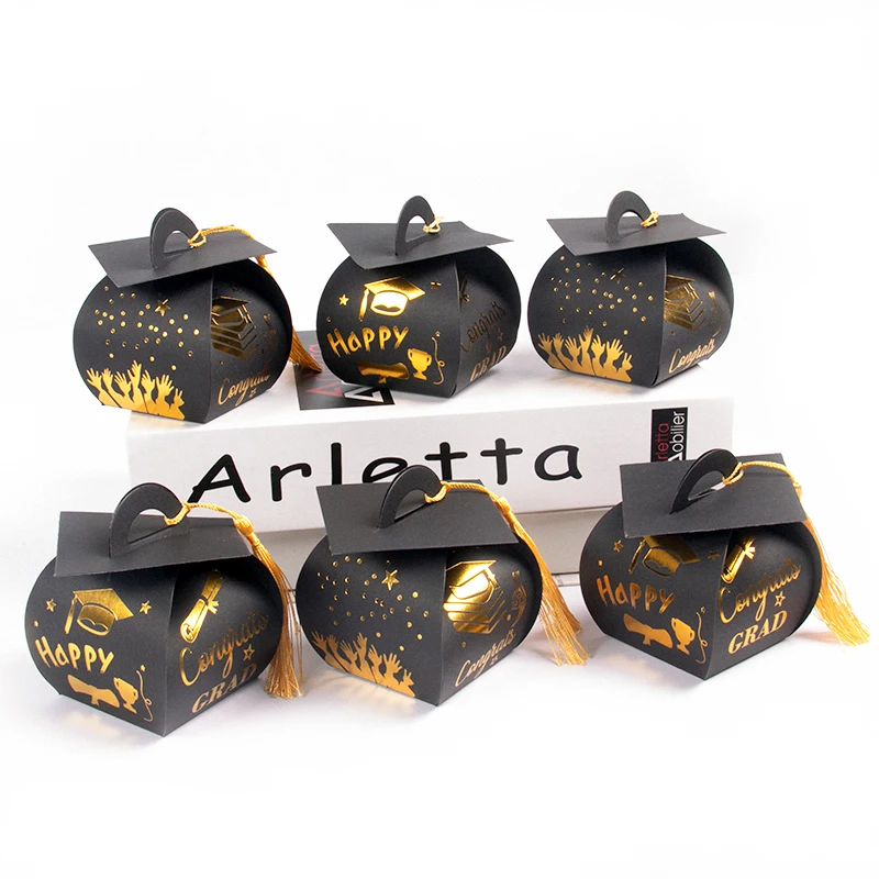 5pcs Grad Cap Shape Gift Box Black gold Gift Box Candy Chocolate Paper Boxes Celebration Graduation Party Decoration Supplies