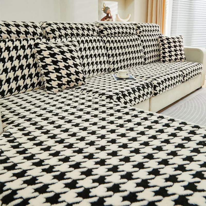 Solid Color Elastic Sofa Cover, Black and White Checkboard Sofa Cover, Dustproof Delicate and Soft Cushion Cover