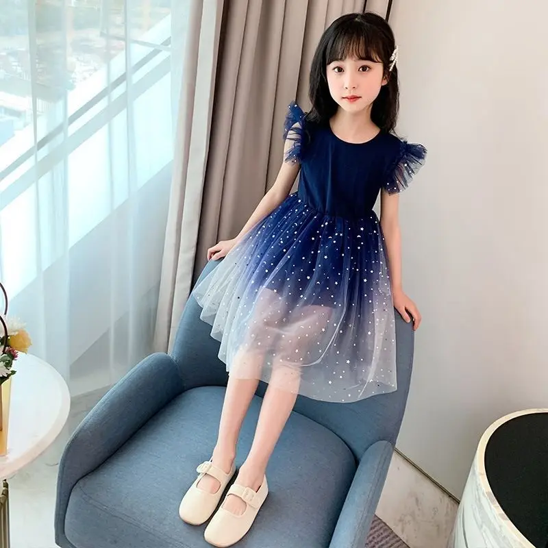 Vestido de gasa sin mangas para niñas, vestido de princesa con gradiente de cielo estrellado, moda de verano, regalo de fiesta de cumpleaños para niños, Año Nuevo