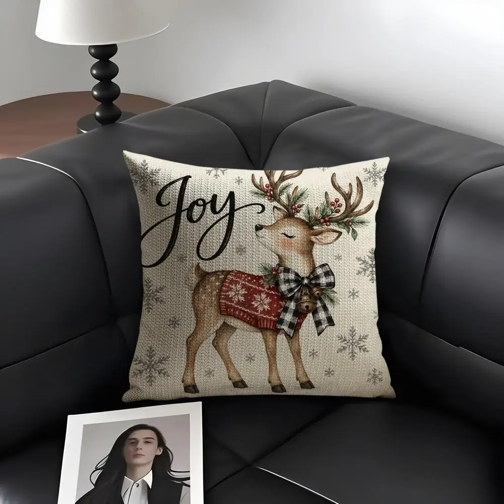 Christmas Winter Country Illustrations Natural Linen Cushion Cover Double-Sided Print Sofa Pillowcase Home Decor Gift