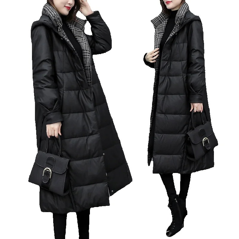 

Genuine Leather Jacket For Women's Seasonal New Fashionable Patchwork Leather Down Long Jacket