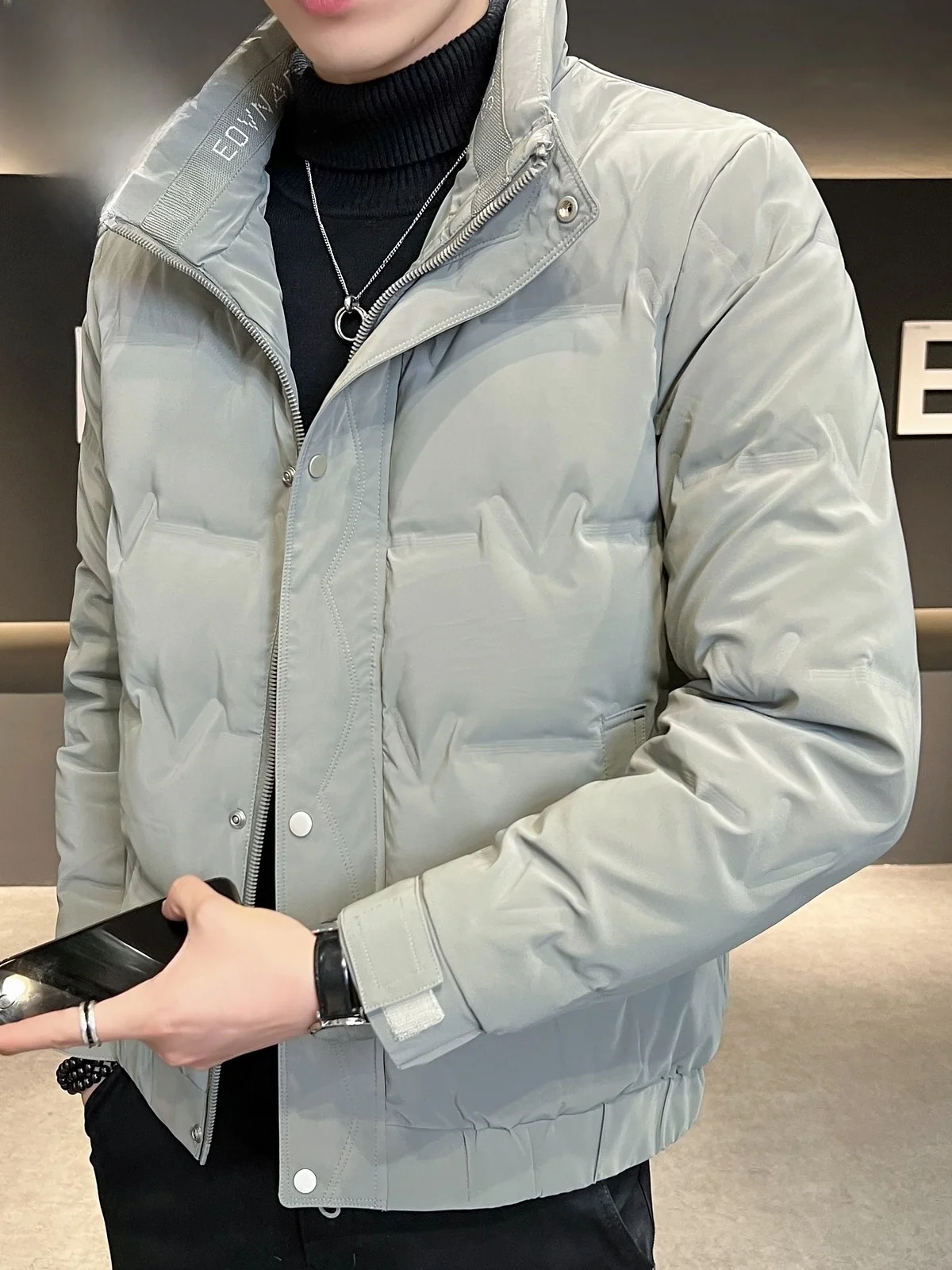 

Men's Winter Du down Jaet ort Casual Warm Stand Collar Quilted Polyester Fiber Outerwear Zipper Closure Coat