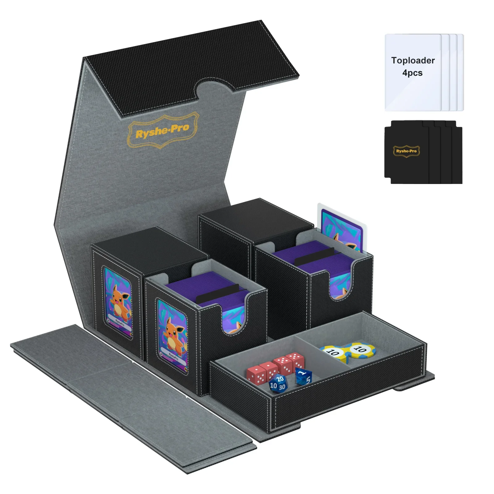 

5 in 1 Trading Card Storage Deck Box for MTG TCG PKM 4 Deck Cases with Covers and Divided Dice Tray with Dividers and Toploaders
