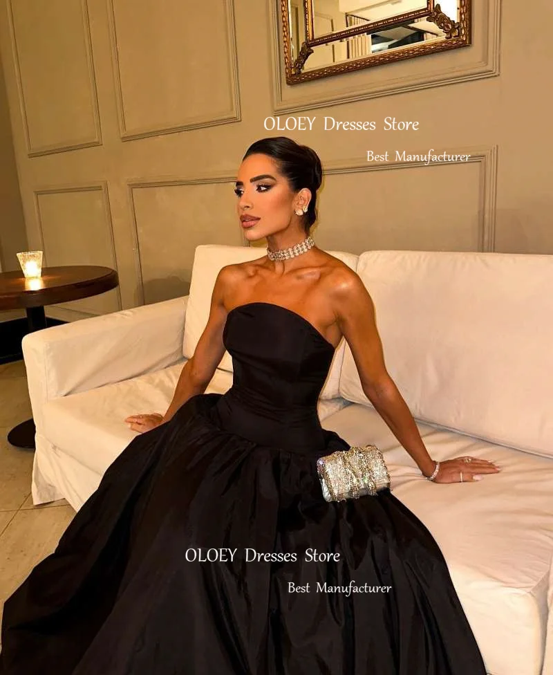 OLOEY Vintange Black Satin Strapless Evening Dresses Pleated A Line Asymmetrical Party Dress Floor Length Custom Prom Gowns