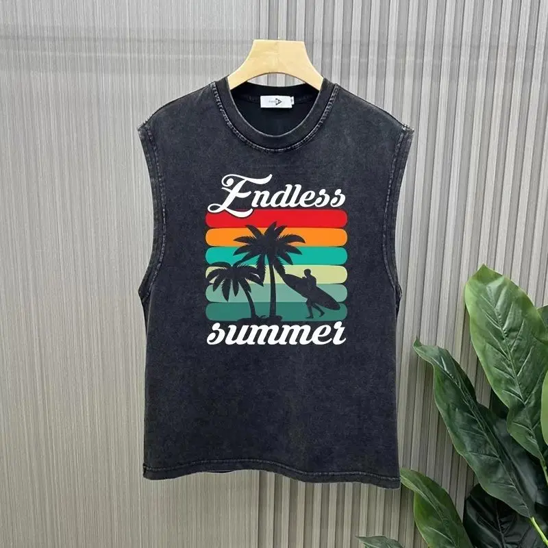 

Summer Vest Male Summer Heavy Wash To Do Old Printed Loose Vest Boys Sleeveless T-shirt Tide Brand Ins Bottom