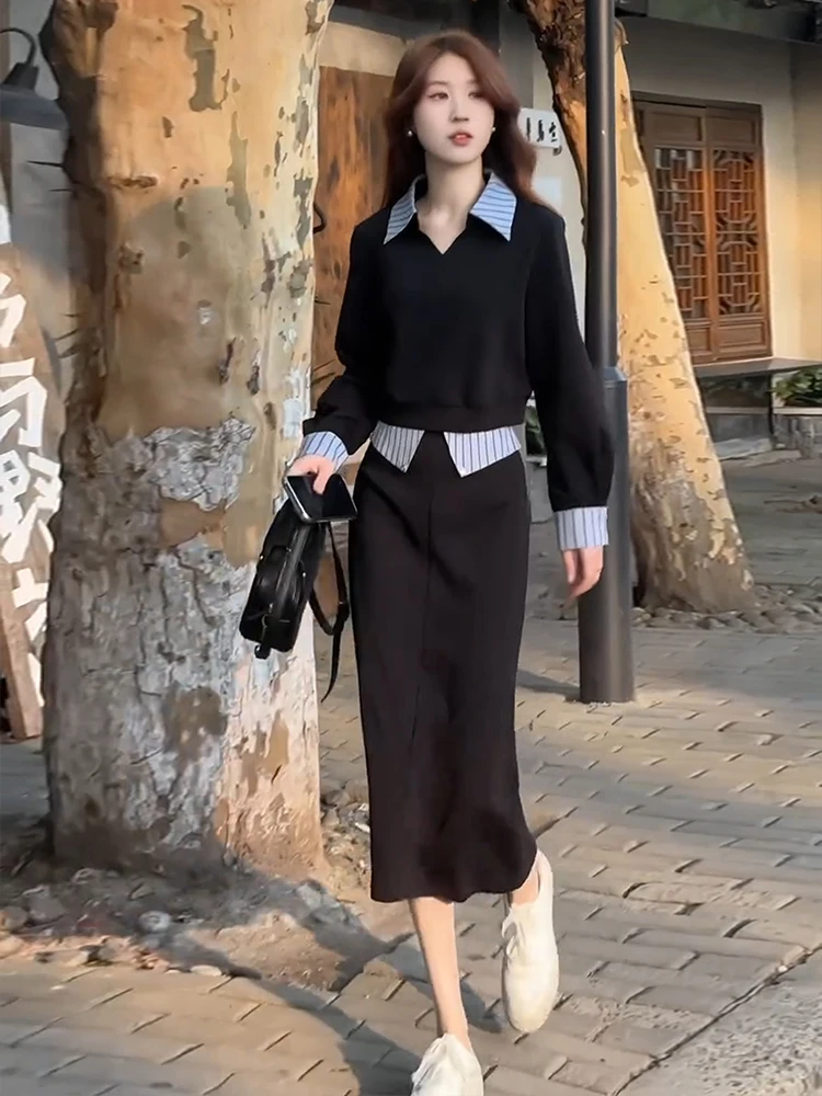 

Ранняя осень, повседневный топ и юбка в полоску с V-образным вырезом, комплект из двух предметов, женский комплект с высокой талией, эффект похудения, продвинутое ощущение