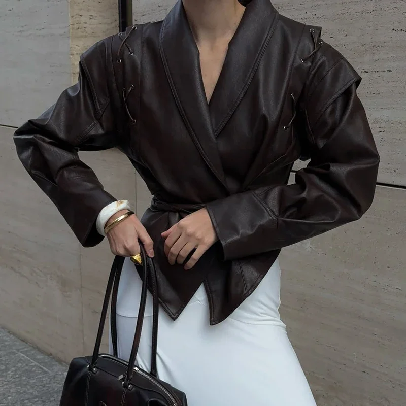 

Fashion Lace Up PU Leather Jacket Coat Female Retro Lapel Long Sleeve Outwear Autumn 2025 New Streetwear Short Jackets