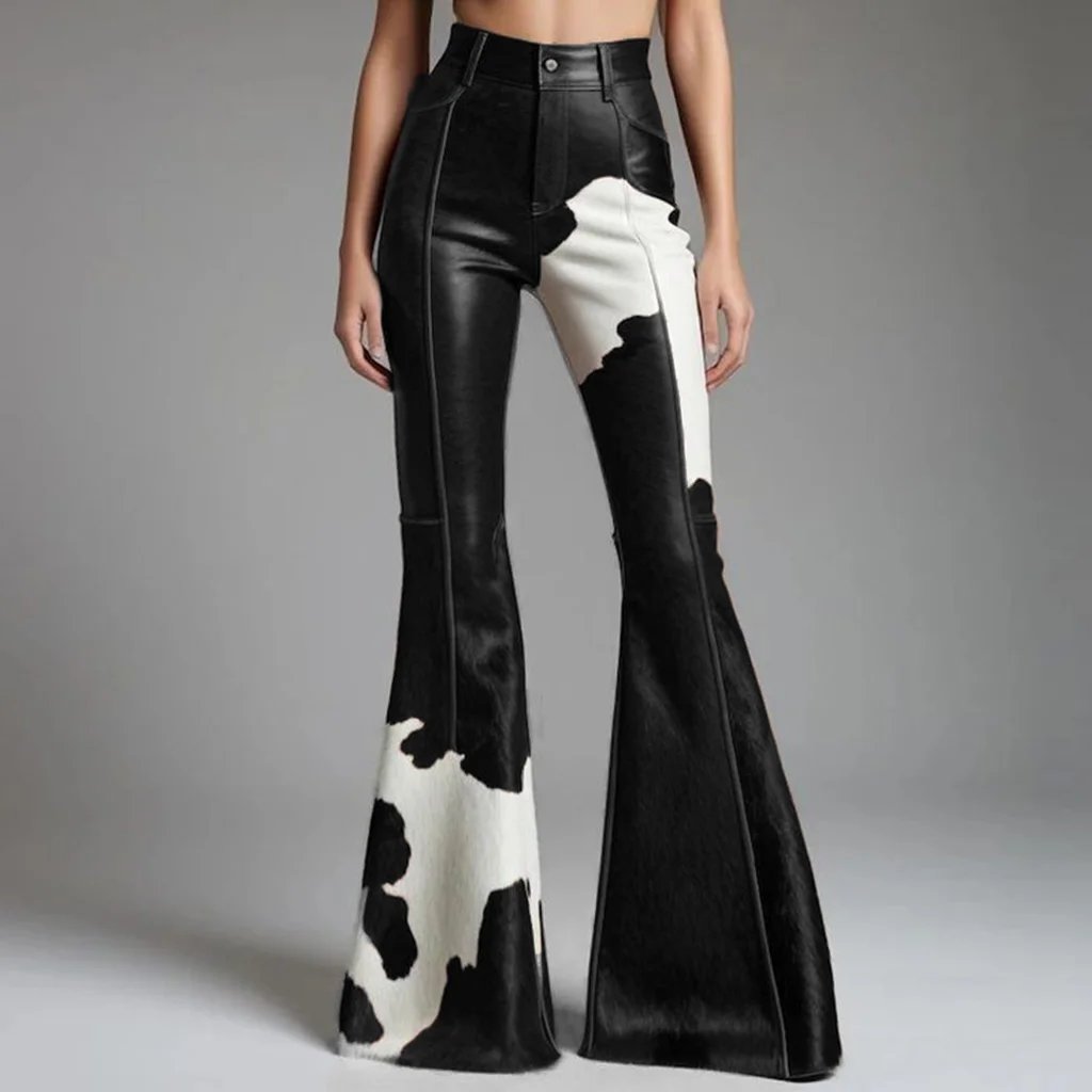 Pantalon évasé en cuir PU imprimé motif vache pour femmes, taille haute, Slim, en Faux cuir, mode de rue, Capris décontracté, 2026