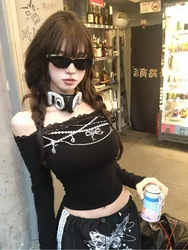 American High Street Hottie Trendy T-shirt Lace Off Shoulder Long Sleeves Slim Fit Strap Top Autumn New Ins Y2k Tunic Tshirt
