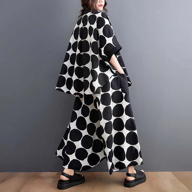 #2701 Summer Polka Dot Blouse And Wide Leg Pants Women Bat Sleeve Thin Korean Style Loose Two Piece Outfits Female Streetwear