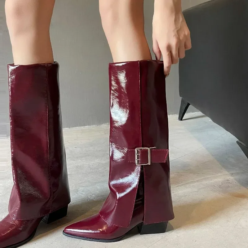 Pointed-toe Women's Winter Pants with Thick Heel and High Heel Long Boots