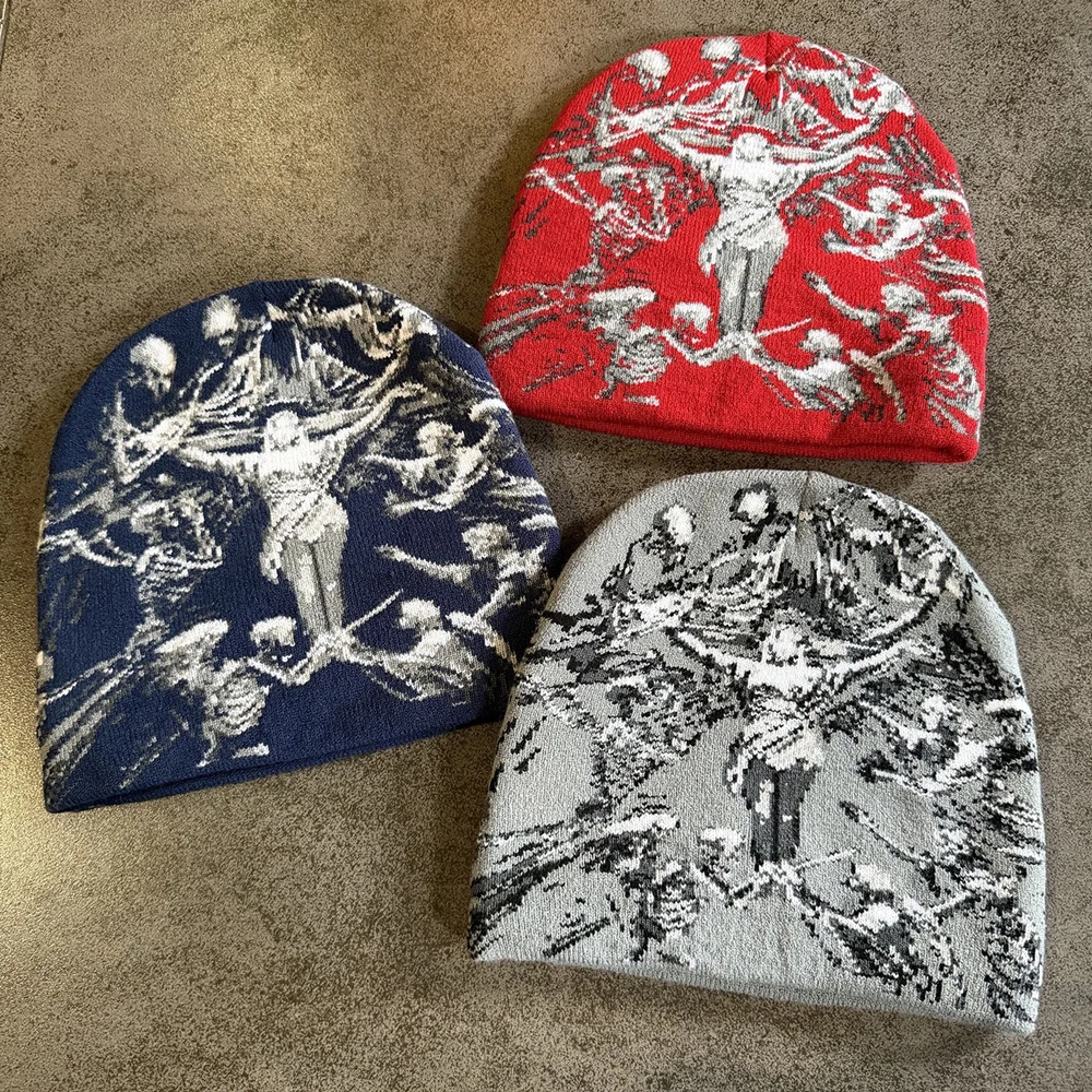 American Style High Quality Retro Print Winter Skullcap 100%Cotton Stretchable Casual Hat Knitted Beanie Men Women