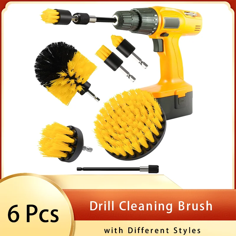 6 Pcs Yellow Drill Cleaning Brush Set with Different Styles for Car Grout Floor Tub Shower Tile Carpet Corner Floor Bathroom