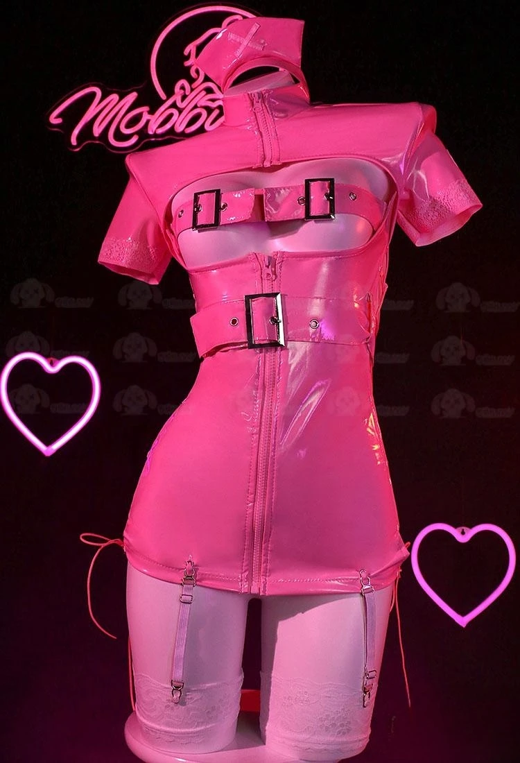 AGCOS Original Design Sweetheart Nurse Cosplay Dress Pink trasparente Leather PU infermiera uniformi donna Sexy Cosplay