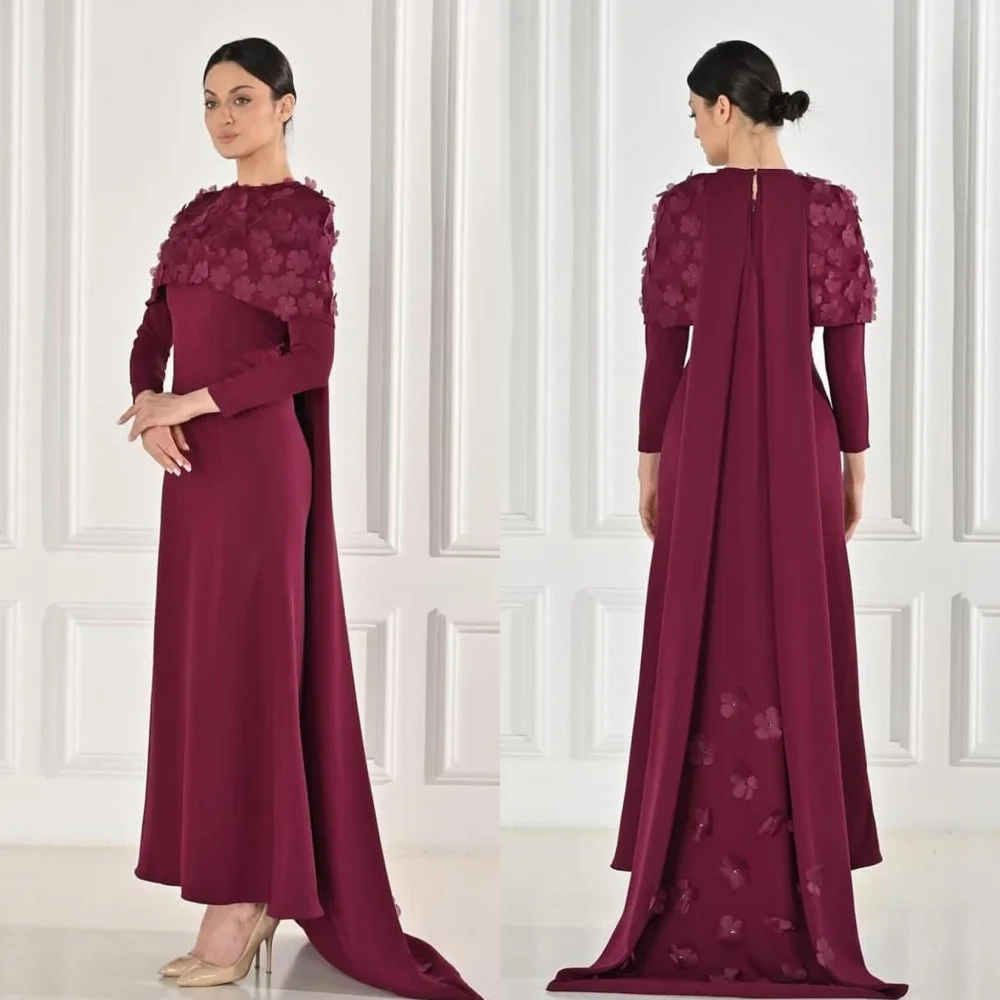   Jersey Applique Draped  A-line O-Neck Bespoke Occasion Gown Long Sleeve Dresses