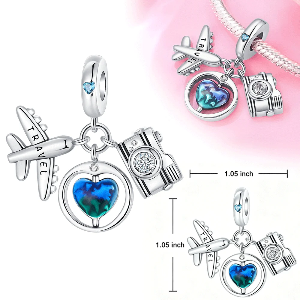 Original 925 Sterling Silver Charm Airplane Earth Camera Travel Pendant for Women Fit Original Bracelet Necklace DIY Accessories