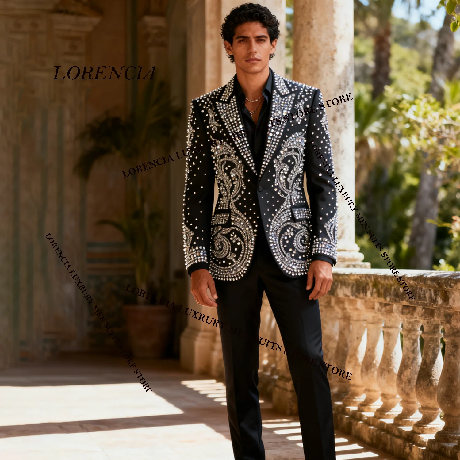 

Customized Elegant Men Suits High End Rhinestones Beaded Groom 2 Pieces Sets Tuxedos Diamond Male Party Prom Blazer Ropa Hombre