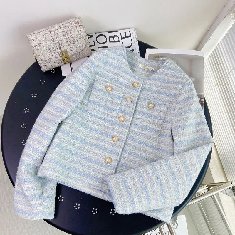

French Tweed Pearl Button Short Thickened Women's Jacket Autumn Winter New Style Small Luxury Top Crew Neck Regular Type Jackets