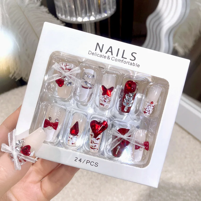 24Pcs Lace Bow Press-on Nails Valentine's Day Diamond Pearl Red Heart False Nails New Almond Wear Nail for Women and Girls