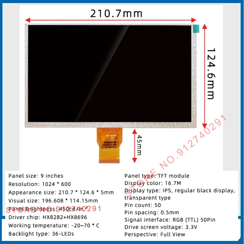 Écran d'affichage LCD large extérieur, haute luminosité, vue complète, 9 pouces, RVB 50 broches, SH090JGI50, SH090JGI60, 1024x600, IPS450