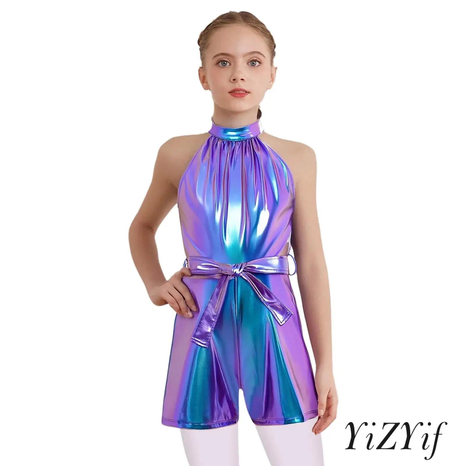 

Kids Girls Metallic Shiny Jazz Tango Dance Jumpsuits Halter Sleeveless Rompers with Belt for Disco Party Ballroom Dancewear