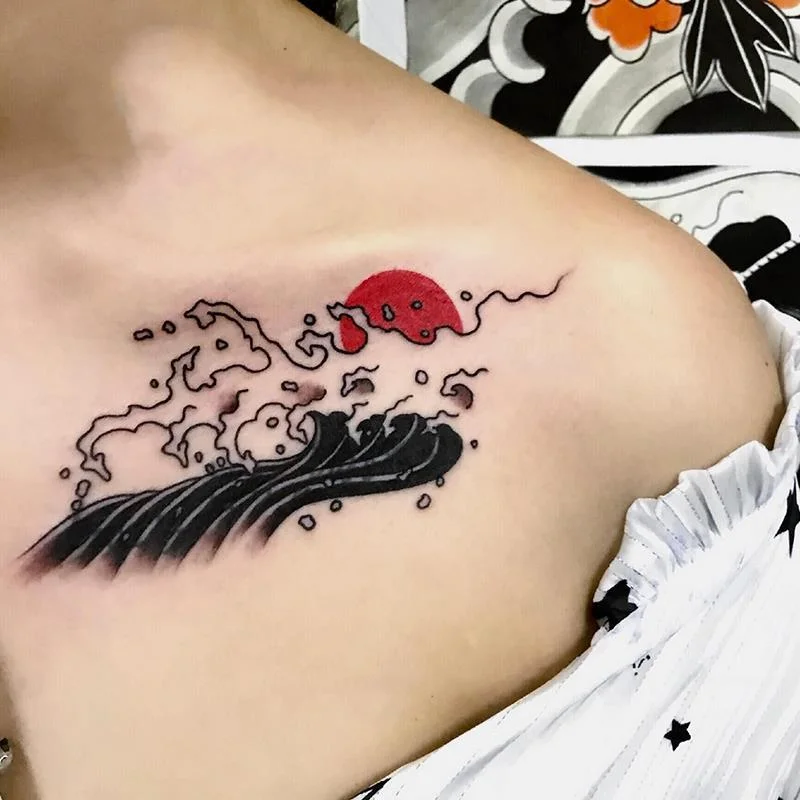 

Japanese Style Sunrise Over the Waves Temporary Tattoos Arm Hand Body Art Waterproof Transfer Fake Tattoo Stickers for Woman Men