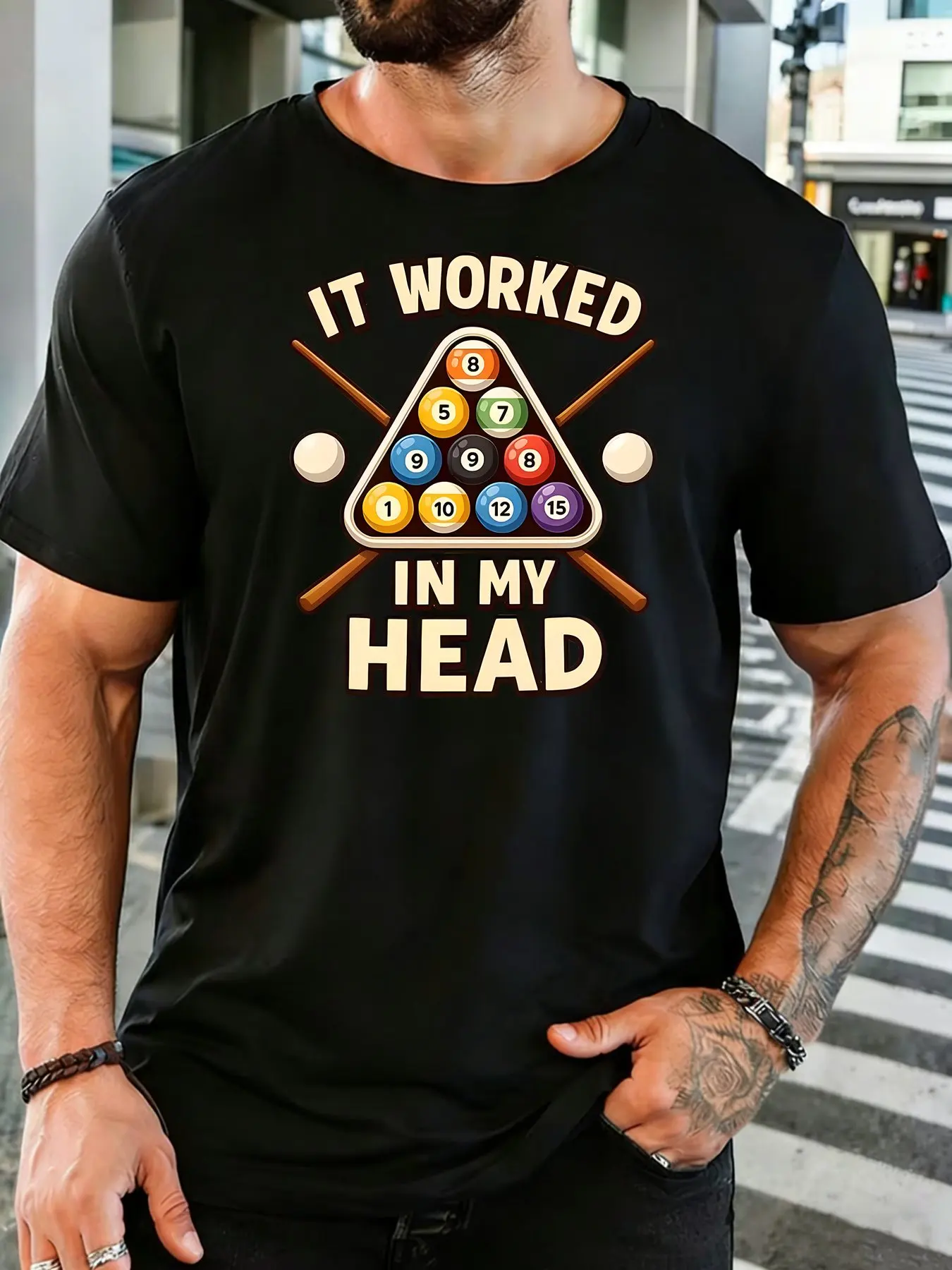 Male Black Round Neck T Shirt It Worked In My Head Colorful Rack Billiard Balls Cross Pool Cues Vintage Print Daily Cotton Tee