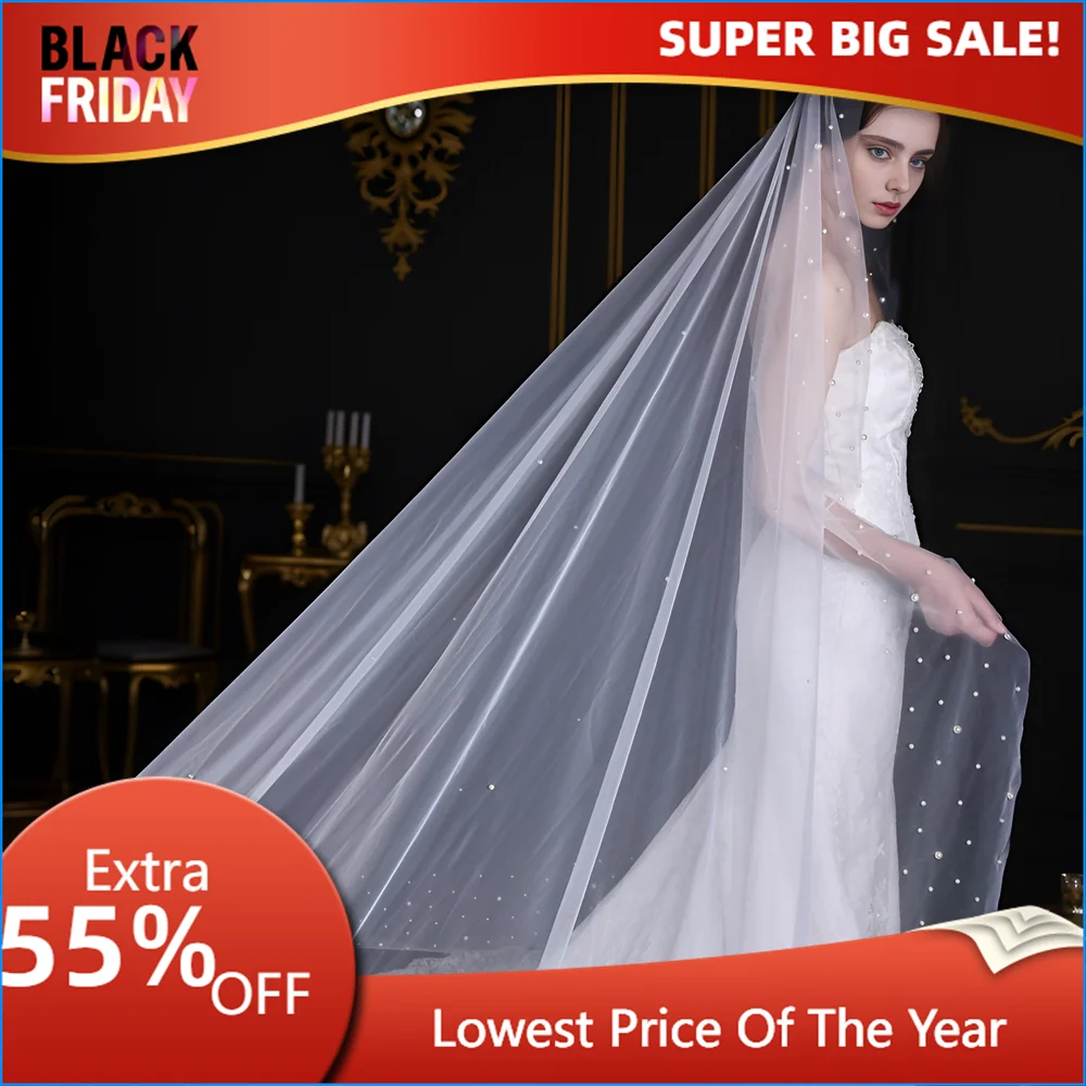 TOPQUEEN V145 Luxury Long Veil Cathedral Drop Wedding Veil with Pearls 5 Meters Wedding Veils Bridal Covers Cape Veil Off White