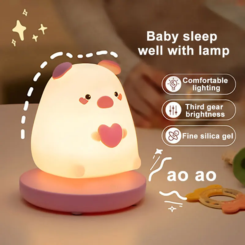 Crianças Coelho Animal Night Lights, Porco, Coelho, Lâmpada De Silicone, Sensor De Toque, Regulável, Quarto Das Crianças, Presente De Férias, Recarregável