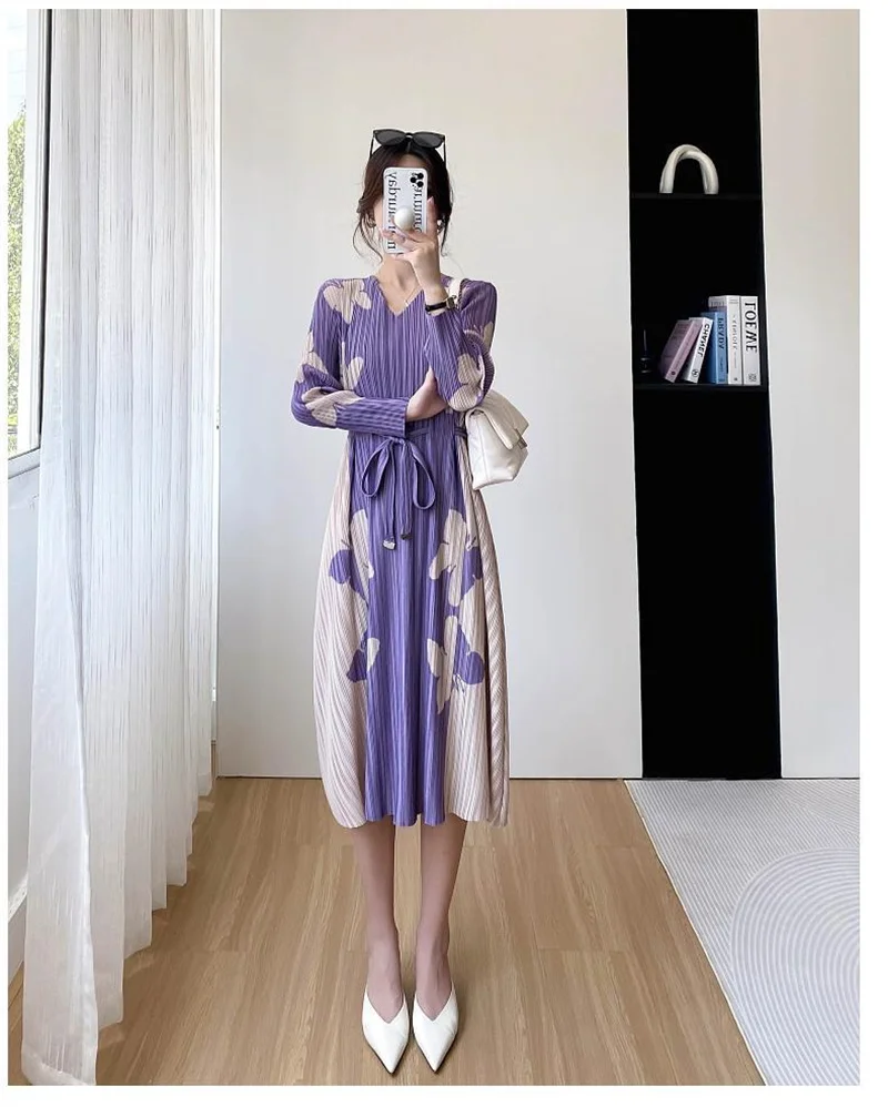 

Miyake Womens Dresses Women's Dress Fashion Dress Summer High-end Printing Drawstring Waist Slim Long-sleeved Age-reducing Skirt