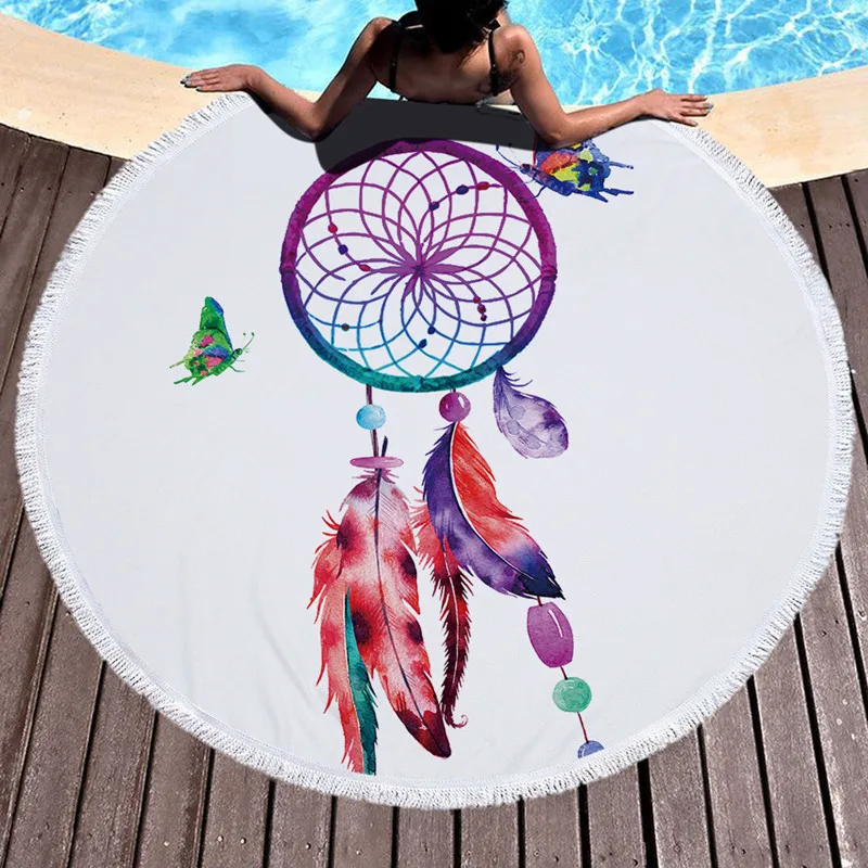 Summer Microfiber Beach Towel 150cm Round Beach Swimming Bath Towel With Tassel Sunbathing Beach Pad Yoga Mat