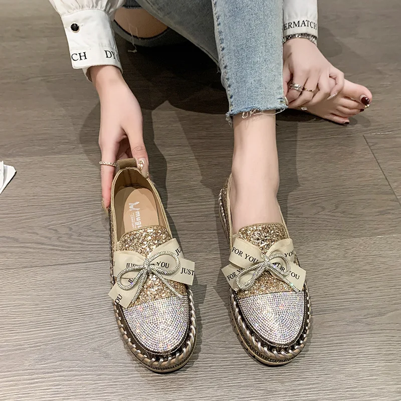 2023 Spring New Shiny Rhinestone Loafers Women\'s One Step Thick Soled Bow Muffin Bottom Cover Foot Single Shoe Sneakers