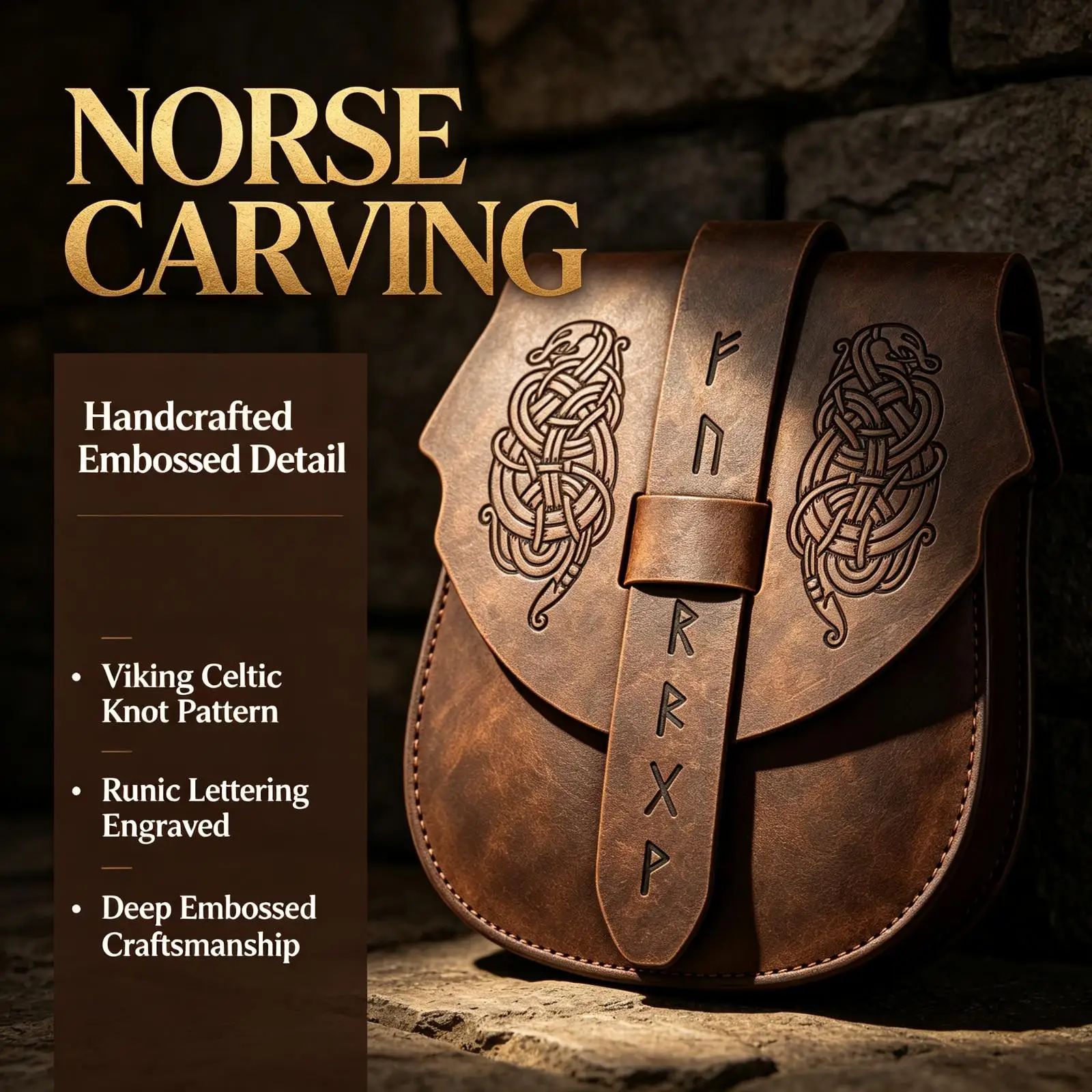 Viking Leather Belt Pouch, Medieval Retro Hip Bag with Norse Rune Carving for LARP Cosplay Renaissance Costume - view 3
