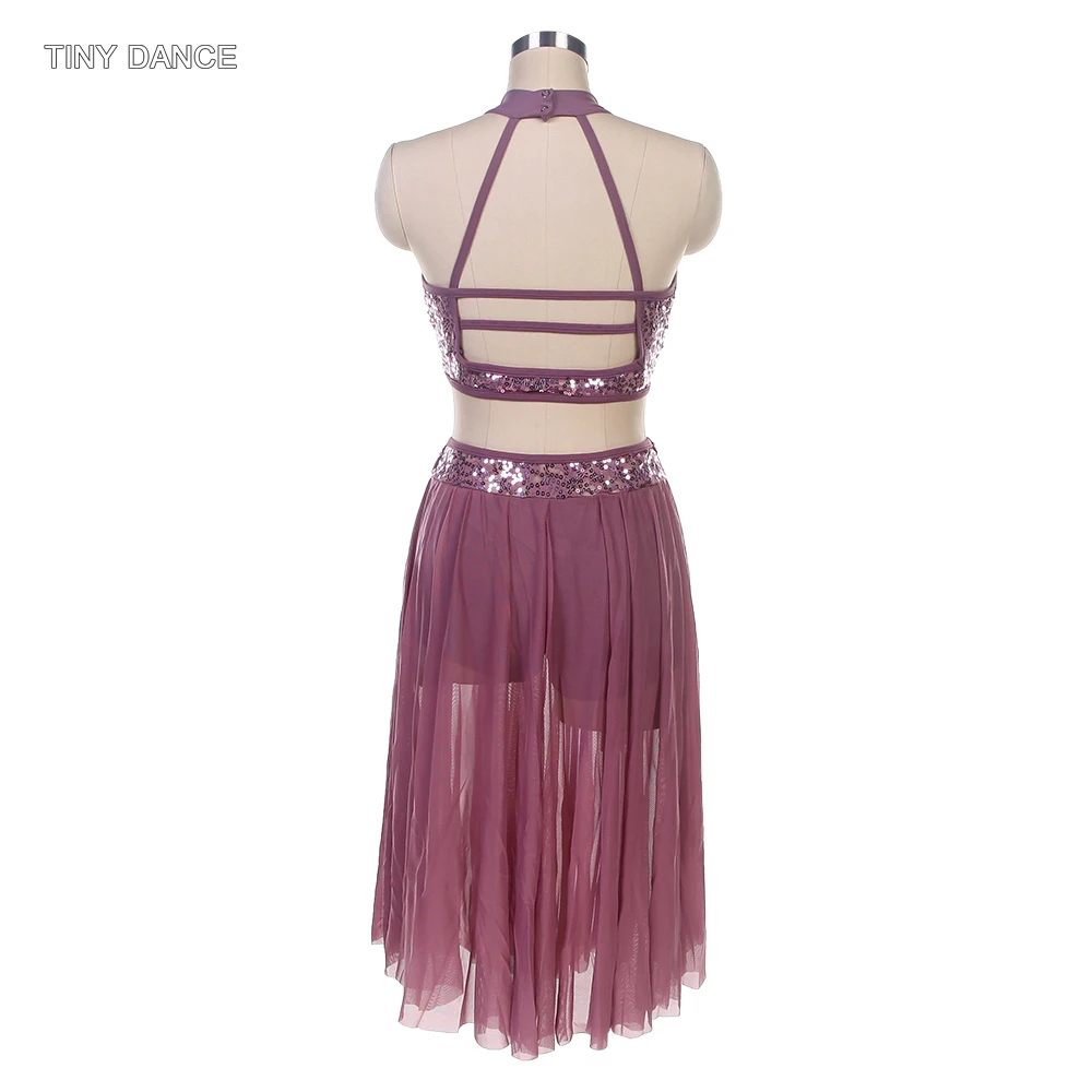 2 in 1 Purple Grey Ballet Lyrical Contemporary Dress Costume Set Sequin Lace Bra Top and Mesh Skirts for Stage Performance 18005