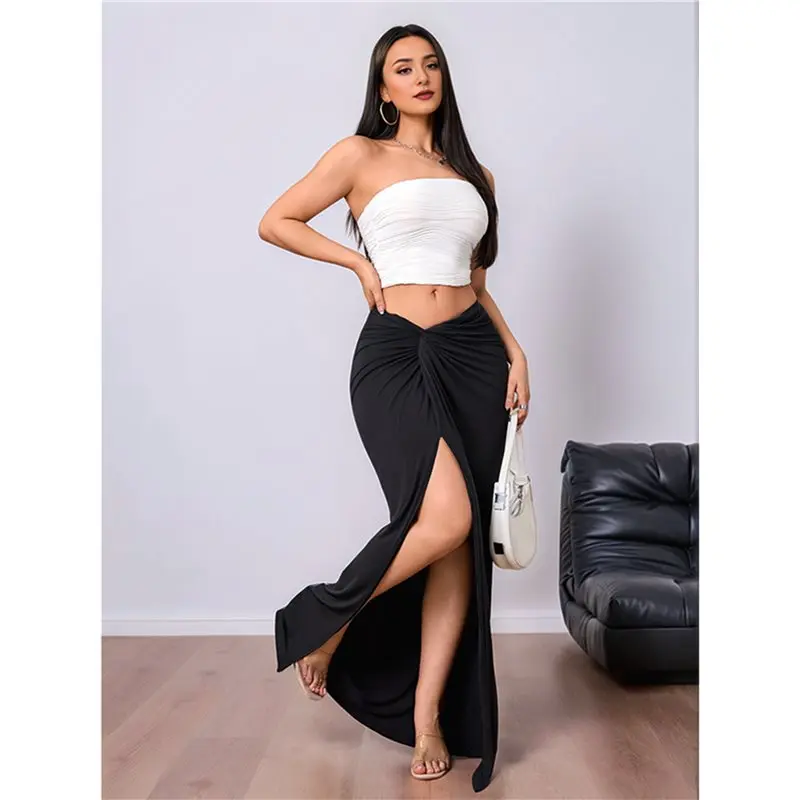 CYL-jupe torsadée sur le devant pour femme, taille haute, fendue, asymétrique, moulante, longue pour sortir