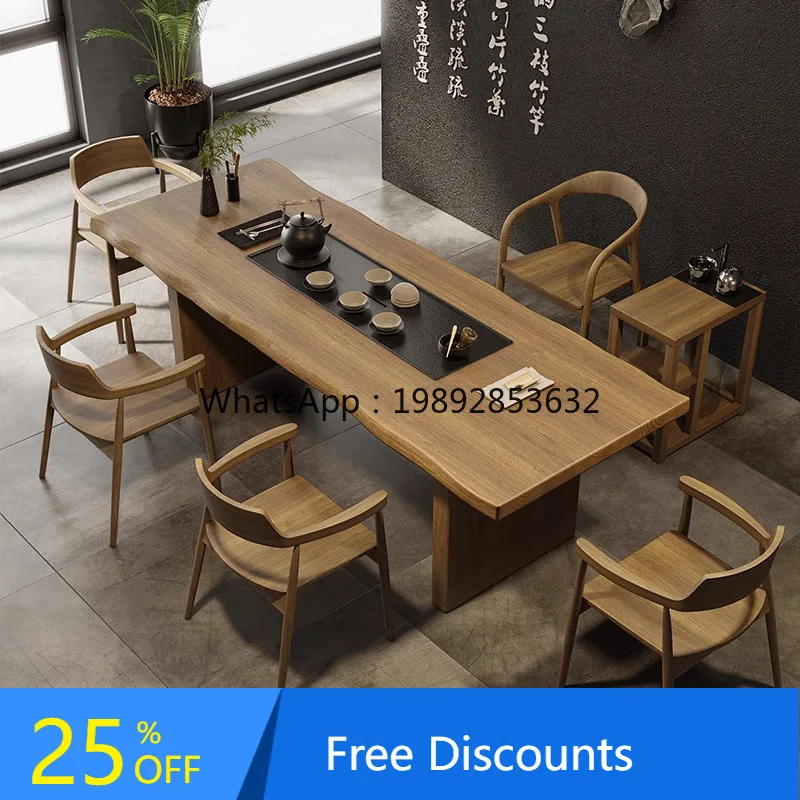 

DF Tea Table Solid Wood New Style Office Modern Simple Home Use Natural Wood Kung Fu Large Board and Chair Set