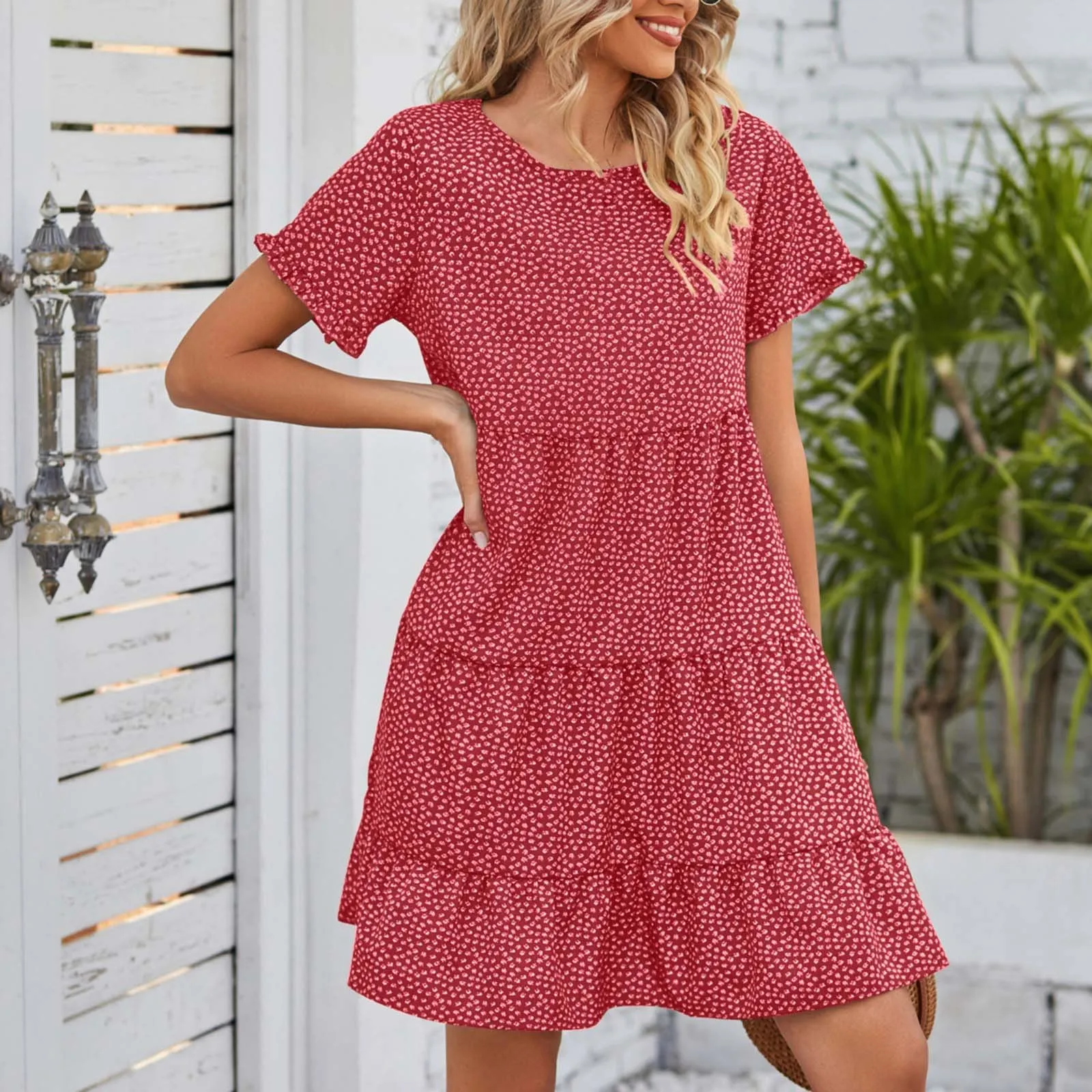 

Fashion Boho Large Swing Dress Round Neck Short Sleeve Ruffle Casual Dresses Summer Lightweight Tiered Midi Dress For Women