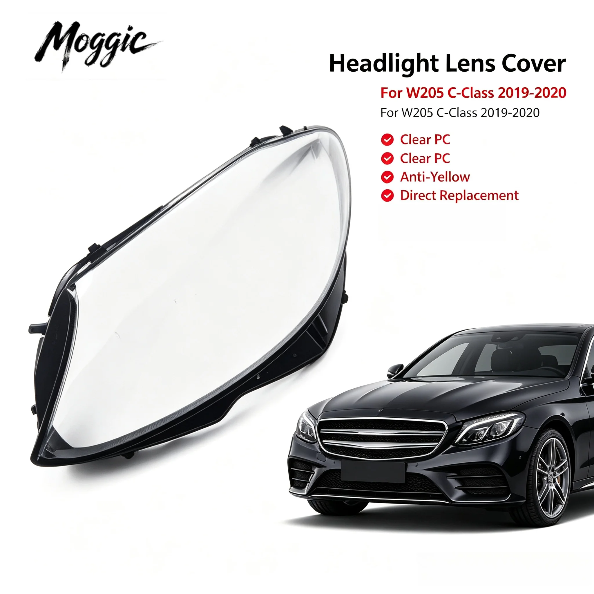 Moggic Headlight Lens Cover For Mercedes‑Benz C‑Class W205 C180 C260L C280 C300 2019‑2020 Clear