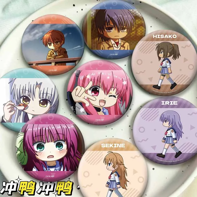 Cartoon Angel Beats Brooches Anime Figure Round Badge Bag Clothes Shoes Decor Accessories Jewelry Daily Ornament Pins Toys Gifts
