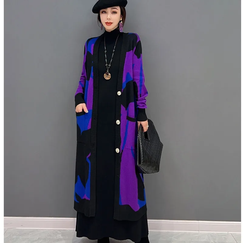 Vefadisa 2024 Autumn V-neck Cardigan Knitting Coat Loose Mid-length Printing Single Breasting Sweater Coat Women Purple LHX3415